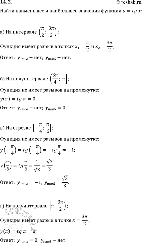 Изображение 14.2 Найдите наименьшее и наибольшее значения функции у = tg x на заданном промежутке:а) на интервале (пи/2; 3пи/2);б) на полуинтервале (3пи/4; пи];в) на отрезке...
