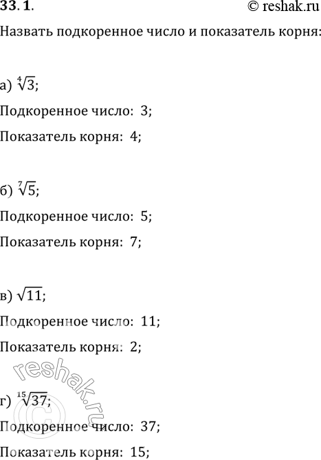 Изображение 33.1 Назовите подкоренное число и показатель корня:а) (4)корень(3); б) (7)корень(5); в) корень(11); г)...