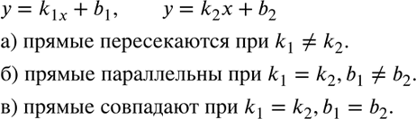 Изображение 567 Какому условию должны удовлетворять числа k1, k2, b1 и b2, чтобы прямые у = k1x + b1 и у = k2x + b2:а) пересекались; б) были параллельны; в) совпадали?...