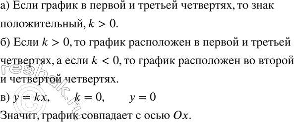 Изображение 750. а) График прямой пропорциональности расположен в I и III четвертях. Определите знак коэффициента прямой пропорциональности.б) В каких четвертях расположен график...