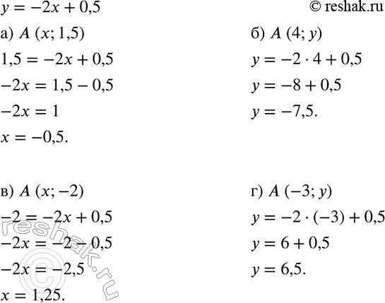 Изображение 758. Точка А принадлежит графику функции у = -2х + 0,5. Определите неизвестную координату:а) А(х; 1,5); б) А (4; у); в) А(х; -2); г) А(-3;...