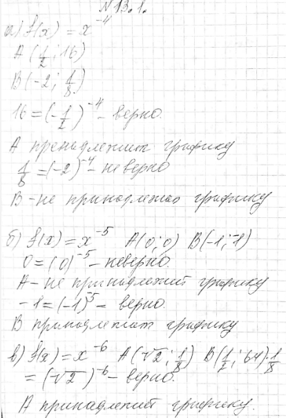 Изображение 13.1. Какая из точек А, В принадлежит графику функции У = f(x), если:а) f(x)=x^-4, A(1/2;16), B(-2;1/8); б) f(x)=x^-5, A(0;0), B(-1;1); в) f(x)=x^-6, A(корень...