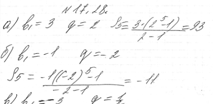 Изображение 17.28. Найдите сумму первых пяти членов геометрической прогрессии:а) 3, 6, 12, ... ;б) -1, 2,-4, ... ;в) -3, -3/2, -3/4, ... ;г) корень 2, 3 корень 2, 9 корень...