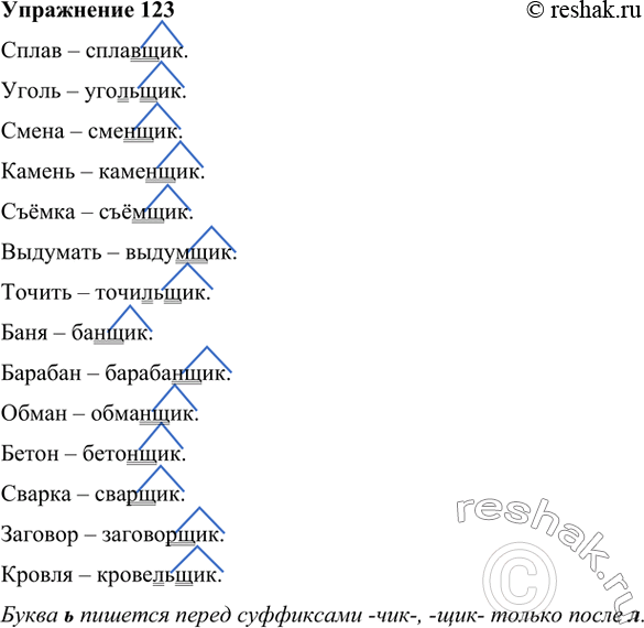 Изображение От данных слов образуйте существительные с суффиксом -щик. Когда при этом пишется ь? Обозначьте орфограмму, как это сделано на с. 54.Сплав – сплавщик. Уголь –...